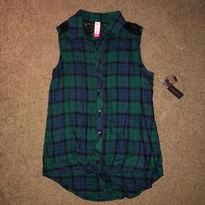 Black & Green Plaid Blouse with Lace detail